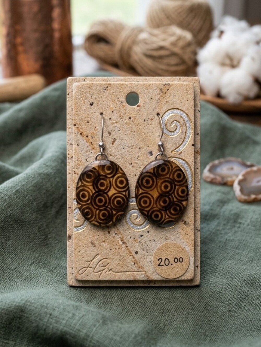 Handmade Wood Brown Circular Pattern Drop Earrings